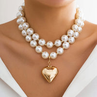 Thumbnail for Elegant Layered Heart Pendant Chunky Pearl Chain Choker Necklace Set - ArtGalleryZen