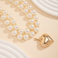 Thumbnail for Elegant Layered Heart Pendant Chunky Pearl Chain Choker Necklace Set - ArtGalleryZen