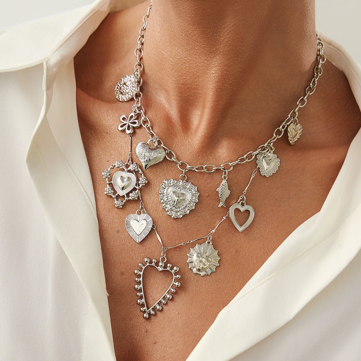 Elegant Layered Hollow Floral Heart Pendant Curb Chain Necklace - ArtGalleryZen