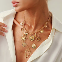 Thumbnail for Elegant Layered Hollow Floral Heart Pendant Curb Chain Necklace - ArtGalleryZen