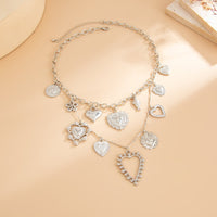 Thumbnail for Elegant Layered Hollow Floral Heart Pendant Curb Chain Necklace - ArtGalleryZen