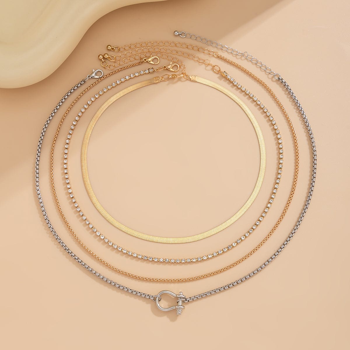 Elegant Layered Horseshoe Charm Snake Box Chain Necklace Set - ArtGalleryZen