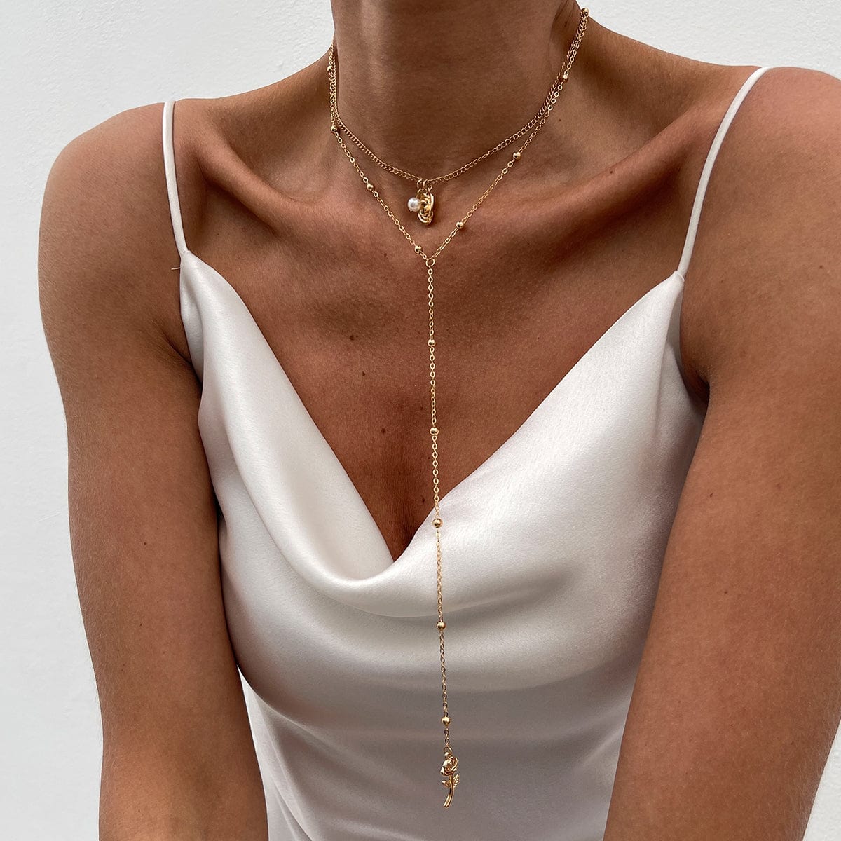 Elegant Layered Rose Pearl Charm Long Chain Y Necklace - ArtGalleryZen