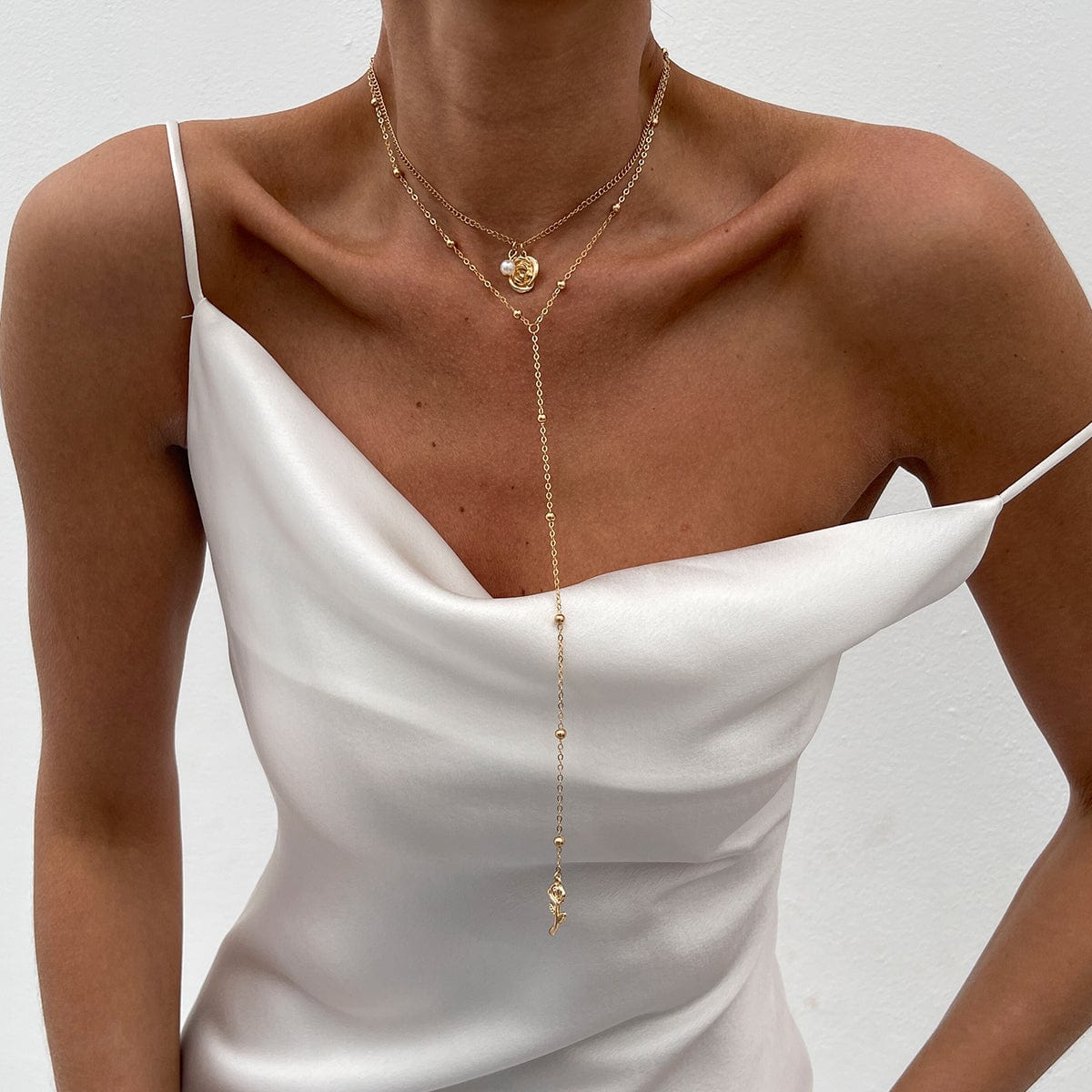 Elegant Layered Rose Pearl Charm Long Chain Y Necklace - ArtGalleryZen