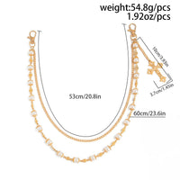Thumbnail for Elegant Layered Silver Tone Cross Pendant Pearl Trouser Chain - ArtGalleryZen