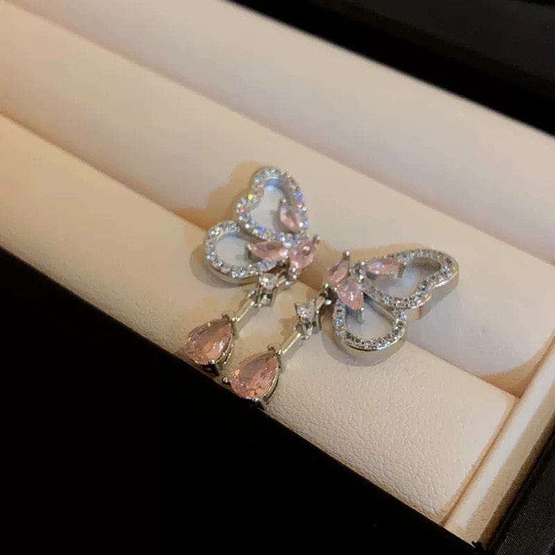 Elegant Pink Crystal Dangle CZ Inlaid Enamel Butterfly Earrings - ArtGalleryZen