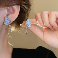 Thumbnail for Elegant Pink Crystal Dangle CZ Inlaid Enamel Butterfly Earrings - ArtGalleryZen