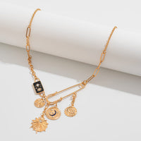 Thumbnail for Elegant Rhinestone Inlaid Enamel Round Disk Square Charm Paperclip Necklace - ArtGalleryZen