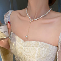 Thumbnail for Elegant Rhinestone Inliad Bowknot Charm Pearl Chain Y Necklace - ArtGalleryZen
