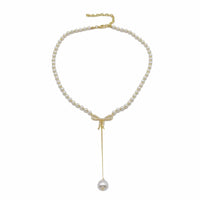 Thumbnail for Elegant Rhinestone Inliad Bowknot Charm Pearl Chain Y Necklace - ArtGalleryZen