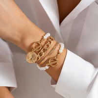 Thumbnail for Elegant Toggle Clasp Relief Coin Charm Pearl Curb Chain Bracelet Set - ArtGalleryZen