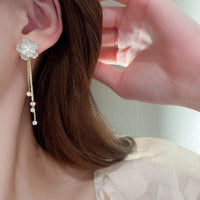 Thumbnail for Enamel Camellia Flower Rhinestone Chain Tassel Earrings - ArtGalleryZen