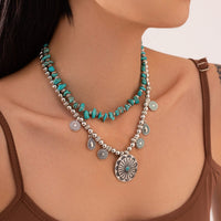 Thumbnail for Ethnic Style 2pcs Pattern Round Disk Charm Turquoise Beaded Chain Necklace Set - ArtGalleryZen