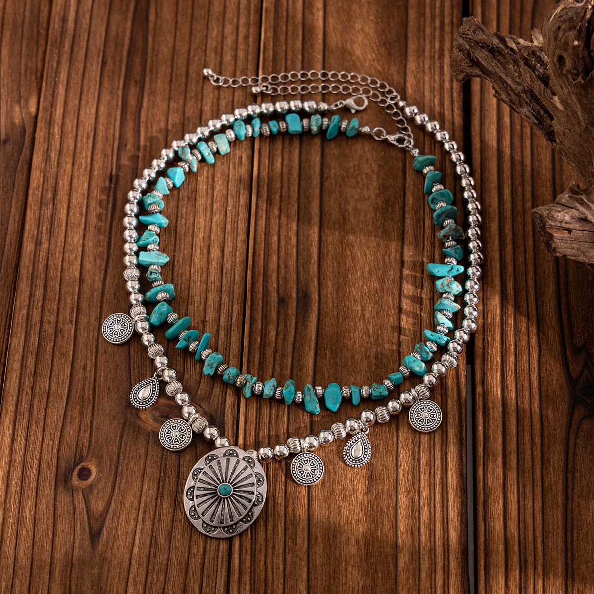 Ethnic Style 2pcs Pattern Round Disk Charm Turquoise Beaded Chain Necklace Set - ArtGalleryZen
