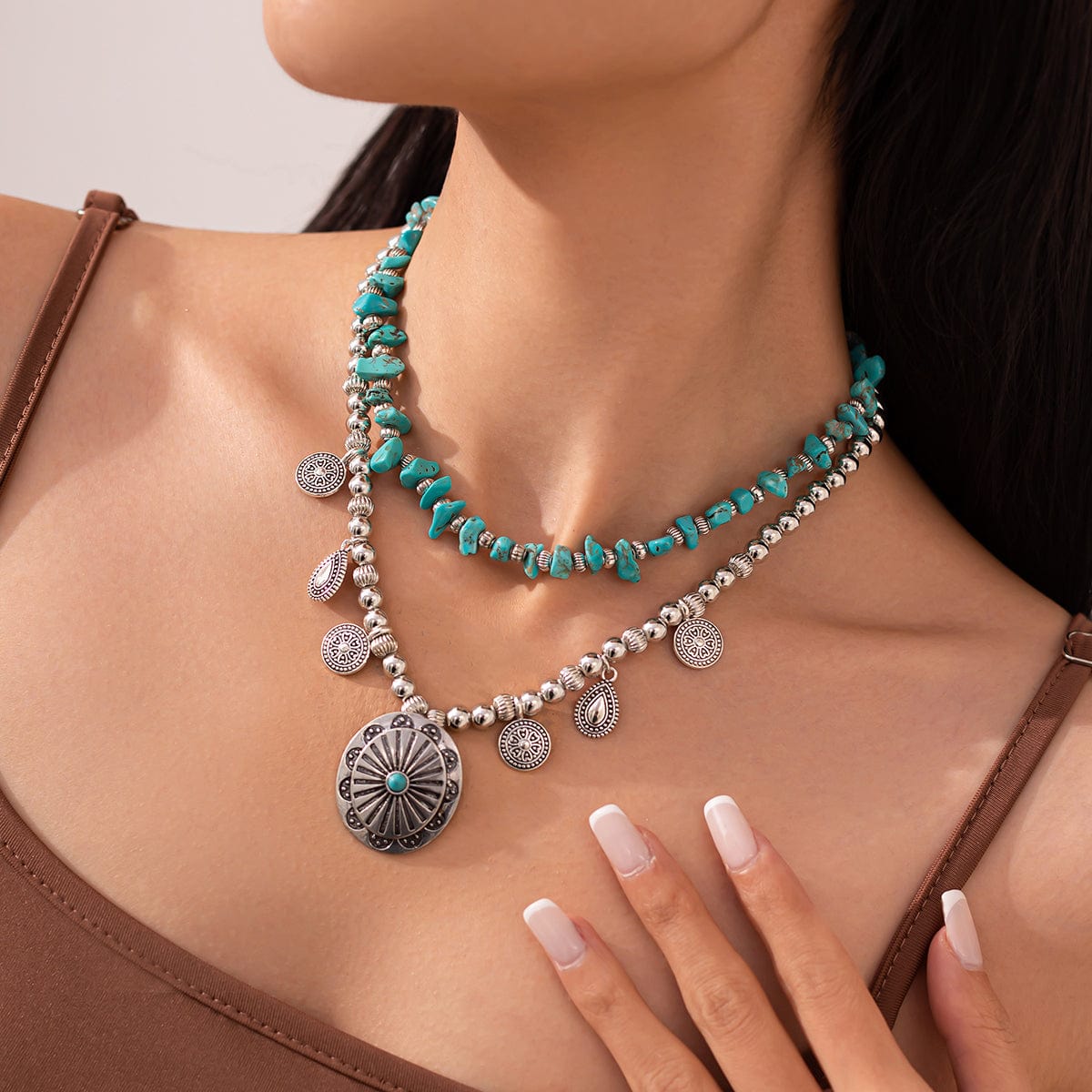 Ethnic Style 2pcs Pattern Round Disk Charm Turquoise Beaded Chain Necklace Set - ArtGalleryZen
