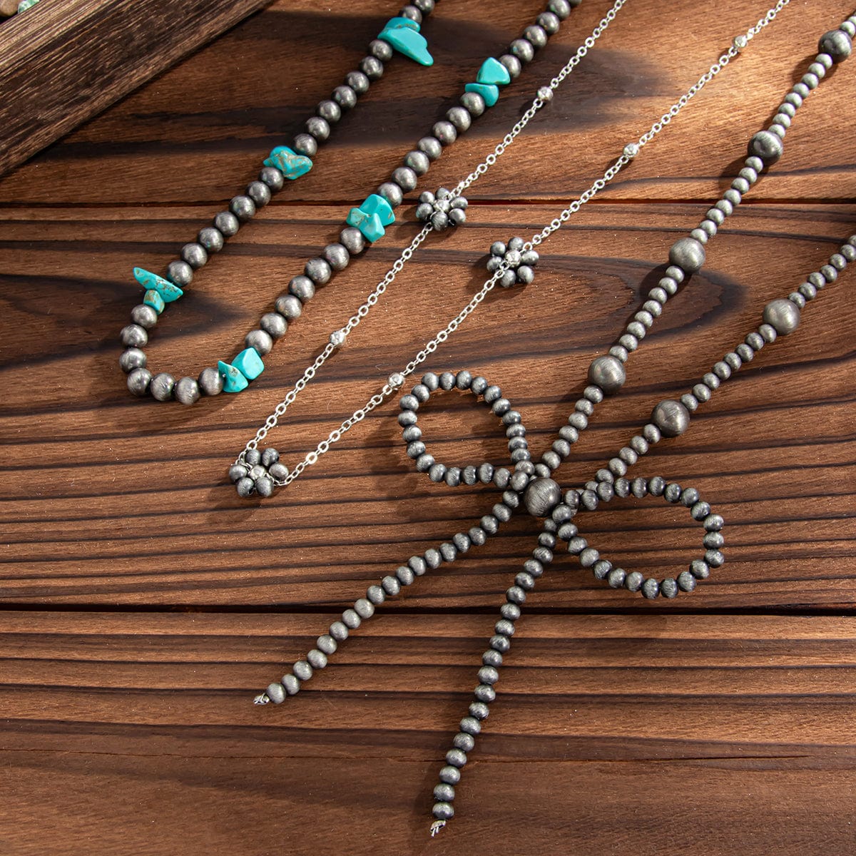 Ethnic Style 3pcs Bowknot Charm Turquoise Beaded Chain Necklace Set - ArtGalleryZen