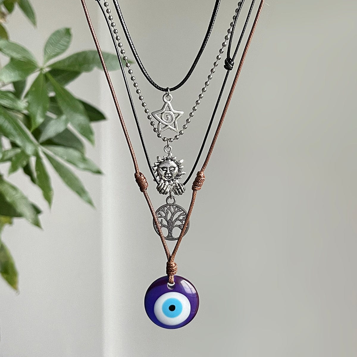 Ethnic Style 4pcs Evil Eye Sun Star Family Tree Pendant Wax Cord Necklace Set - ArtGalleryZen
