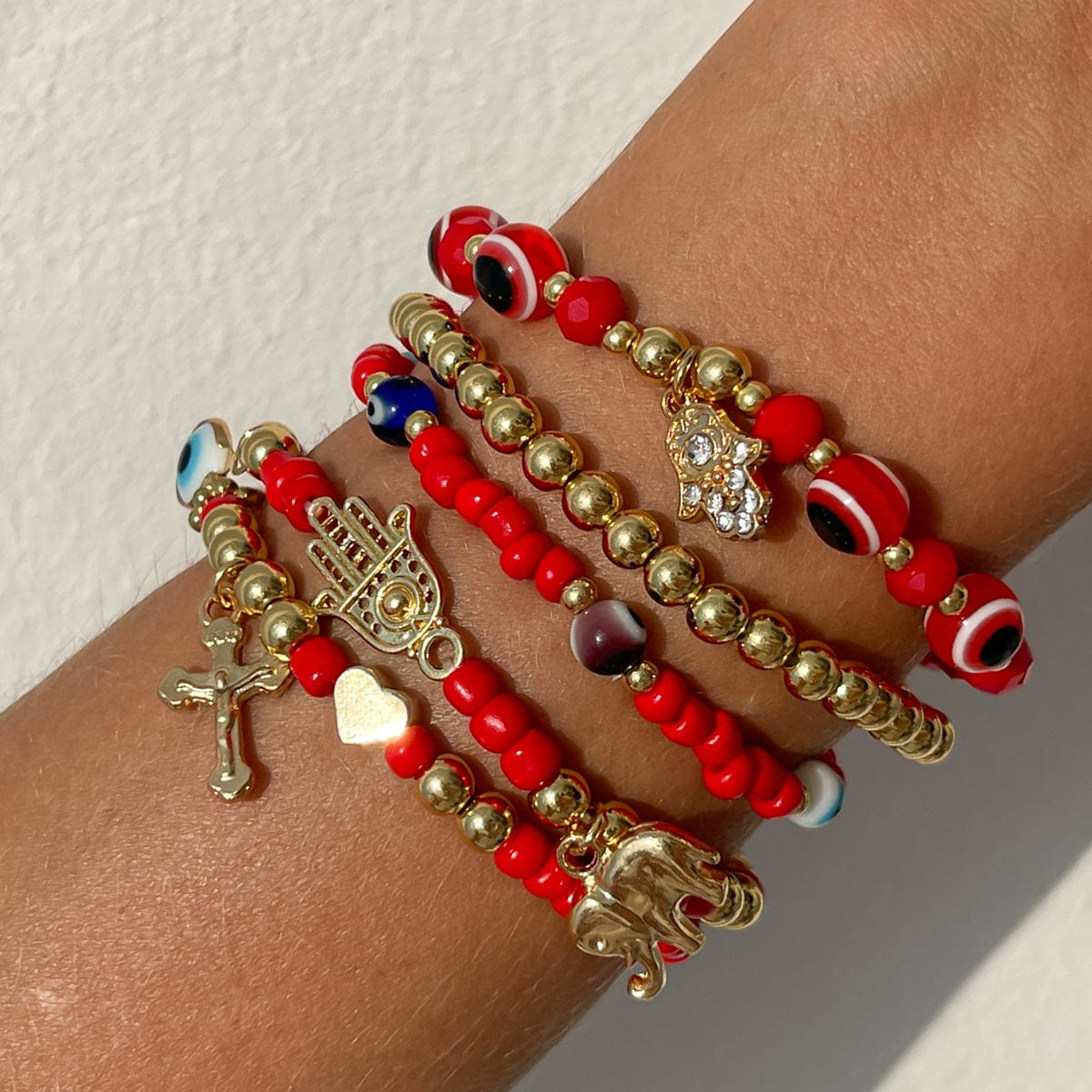 Ethnic style 5pcs Evil Eye Hamsa Charm Crystal Beaded Bracelet Set - ArtGalleryZen