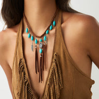 Thumbnail for Ethnic Style Feather Turquoise Pendant Braided Velvet Necklace - ArtGalleryZen