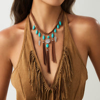 Thumbnail for Ethnic Style Feather Turquoise Pendant Braided Velvet Necklace - ArtGalleryZen