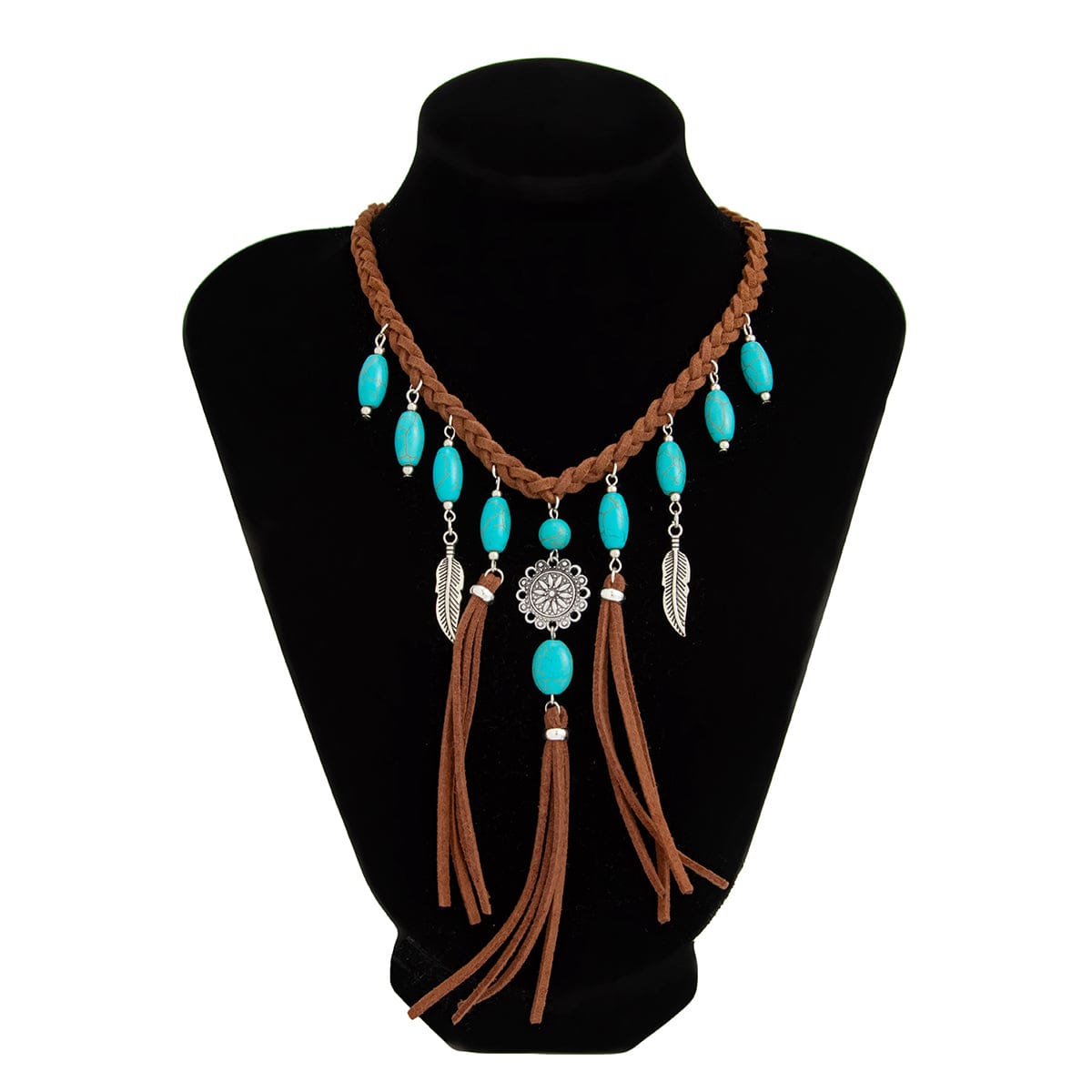Ethnic Style Feather Turquoise Pendant Braided Velvet Necklace - ArtGalleryZen