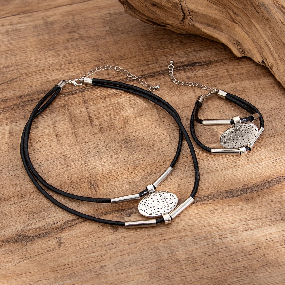 Ethnic style Layered Carved Oval Charm PU String Necklace Bracelet Set - ArtGalleryZen