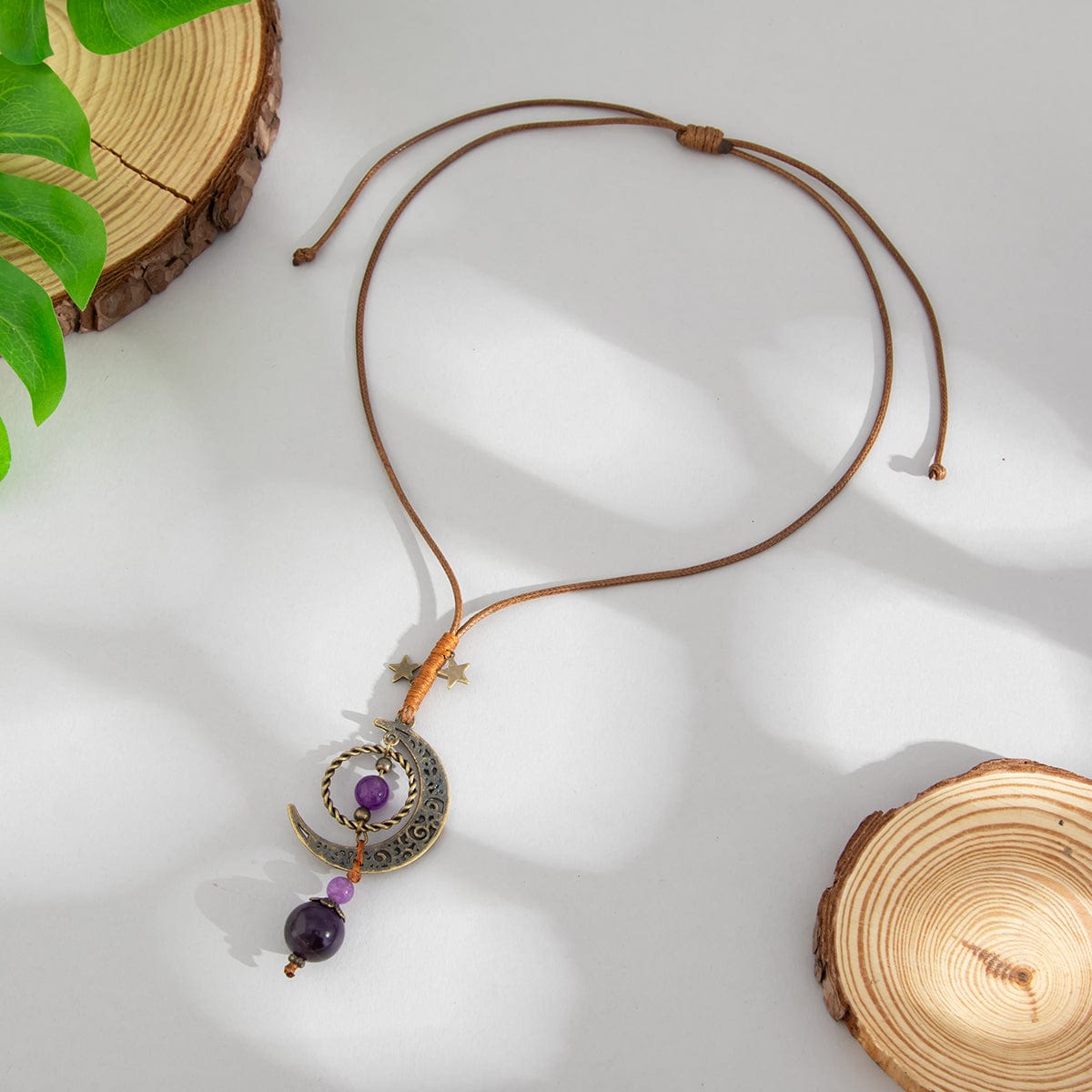 Ethnic Style Moon Chalcedony Pendant Wax Cord Necklace - ArtGalleryZen