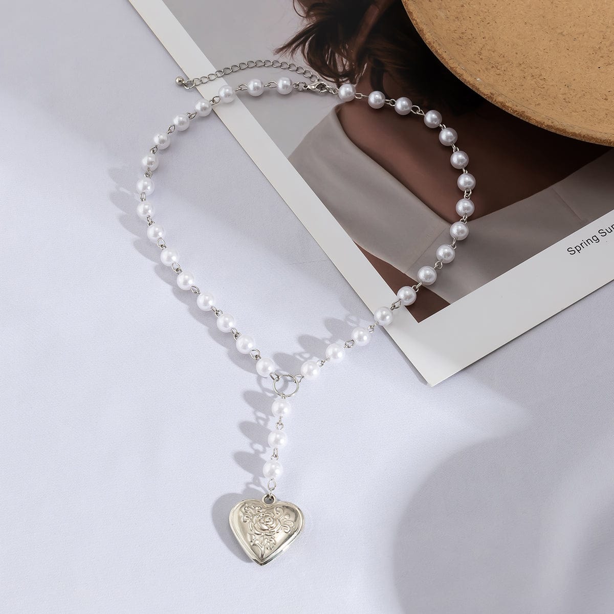 Floral Heart Pendant Pearl Chain Y Necklace - ArtGalleryZen