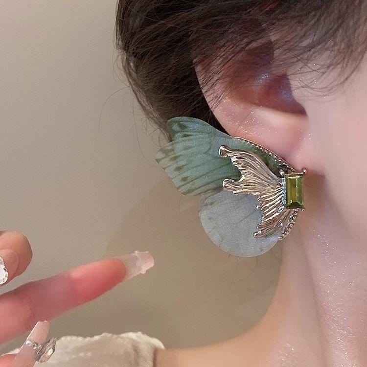 Forest Style Rhinestone Inlaid Chiffon Butterfly Stud Earrings - ArtGalleryZen