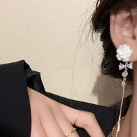 Thumbnail for French Style Camellia Flower Crystal Tassel Chain Earrings - ArtGalleryZen