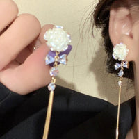 Thumbnail for French Style Camellia Flower Crystal Tassel Chain Earrings - ArtGalleryZen