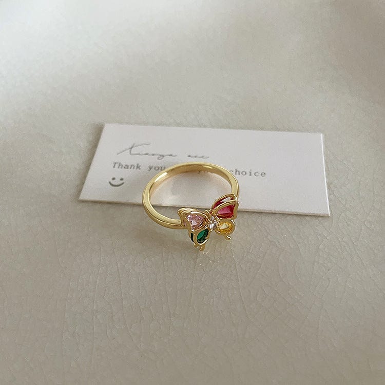 French Style CZ Inlaid Butterfly Enamel Flower Pearl Open Ring - ArtGalleryZen