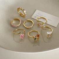 Thumbnail for French Style CZ Inlaid Butterfly Enamel Flower Pearl Open Ring - ArtGalleryZen