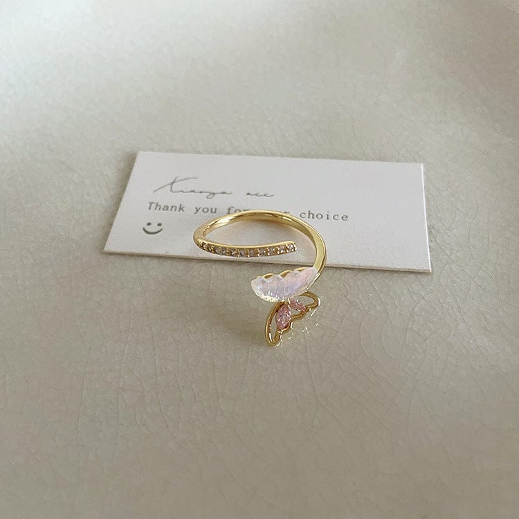 French Style CZ Inlaid Butterfly Enamel Flower Pearl Open Ring - ArtGalleryZen