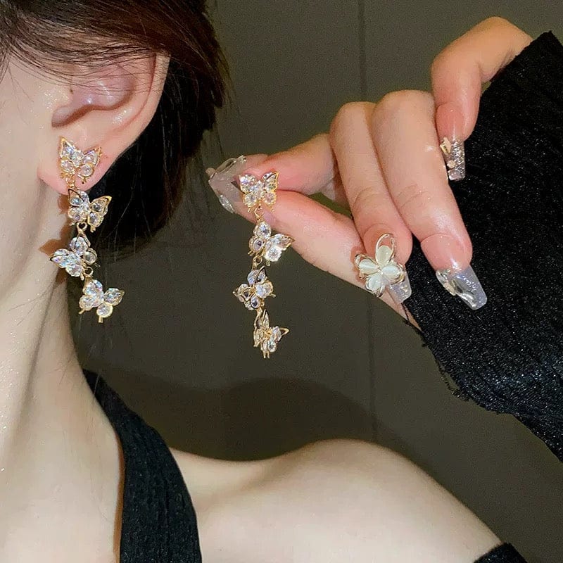 French Style CZ Inlaid Butterfly Tassel Earrings - ArtGalleryZen