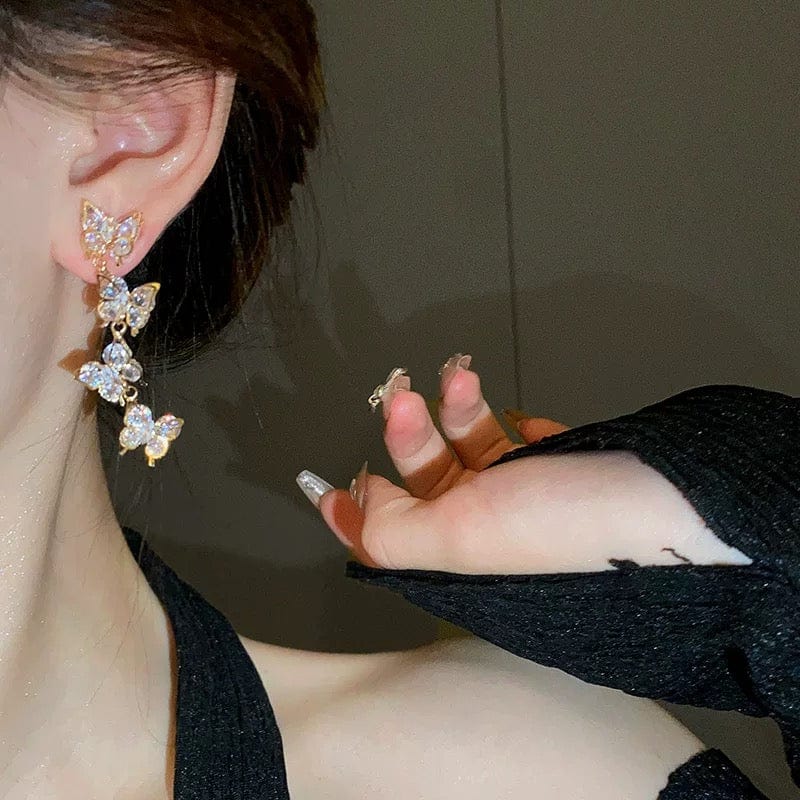 French Style CZ Inlaid Butterfly Tassel Earrings - ArtGalleryZen