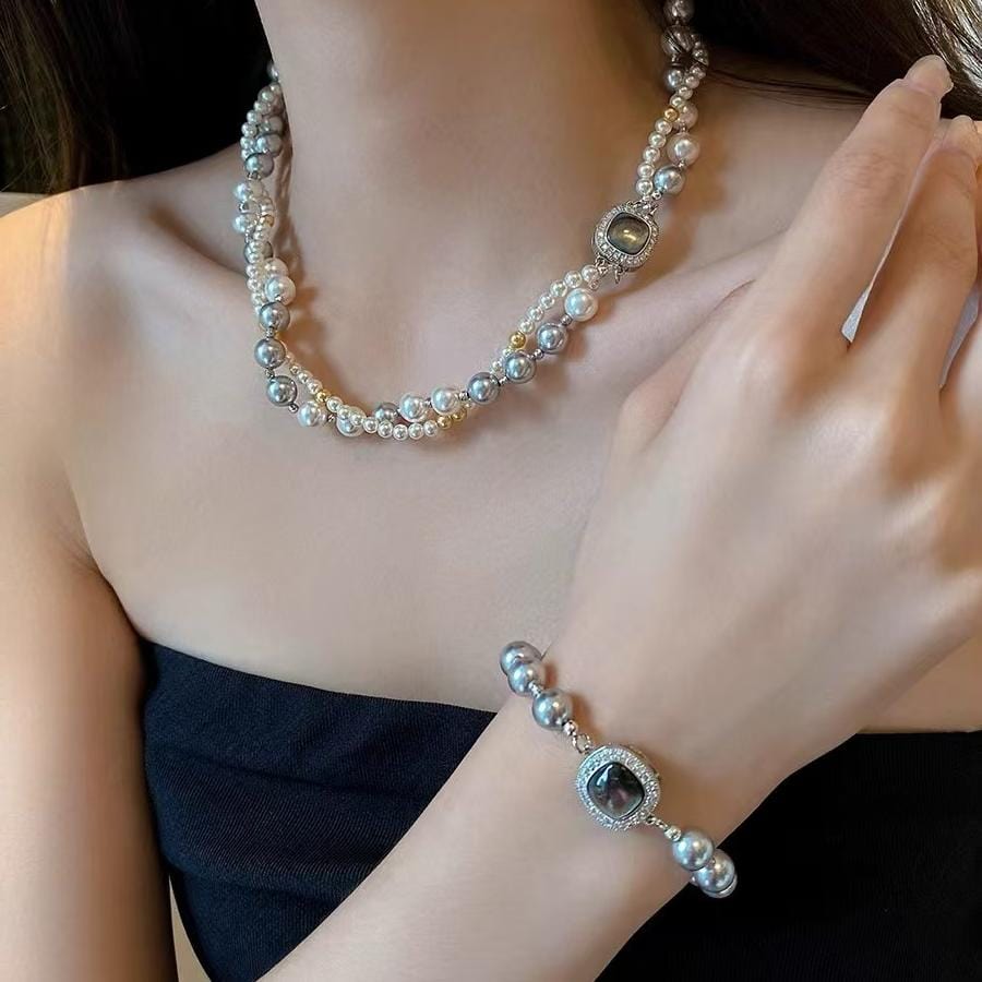 French Style Layered CZ Inlaid Square Charm Pearl Chain Necklace Bracelet - ArtGalleryZen