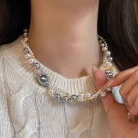 Thumbnail for French Style Layered CZ Inlaid Square Charm Pearl Chain Necklace Bracelet - ArtGalleryZen
