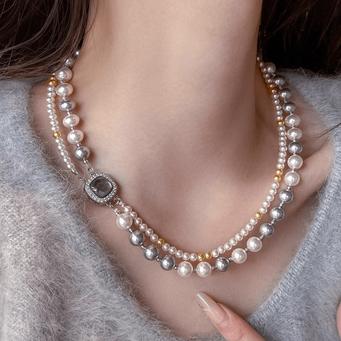 French Style Layered CZ Inlaid Square Charm Pearl Chain Necklace Bracelet - ArtGalleryZen