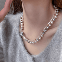 Thumbnail for French Style Layered CZ Inlaid Square Charm Pearl Chain Necklace Bracelet - ArtGalleryZen