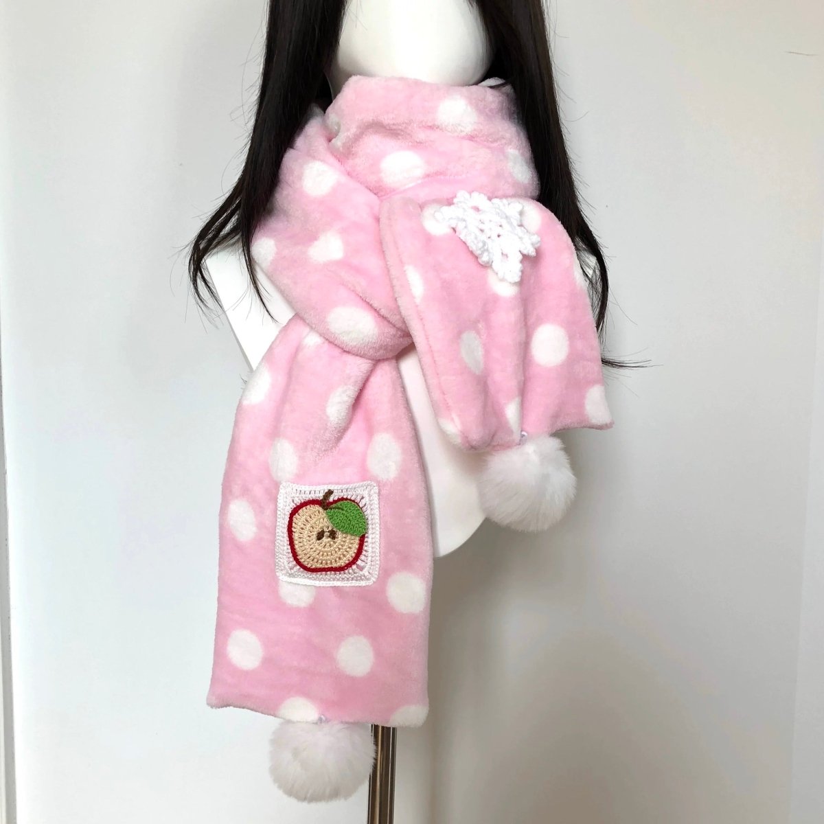 Furry Pink Polka Dots Apple Snowflake Winter Scarf - ArtGalleryZen
