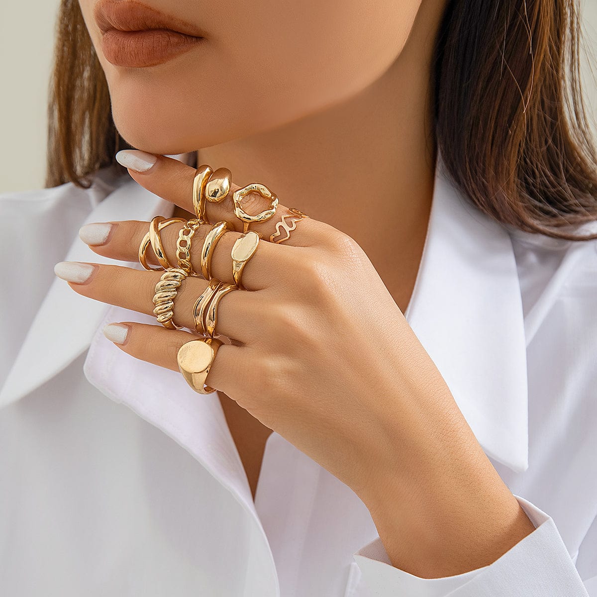 Geometric 10pcs Gold Plated Hollow Heart Waterdrop Round Disk Open Ring Set - ArtGalleryZen