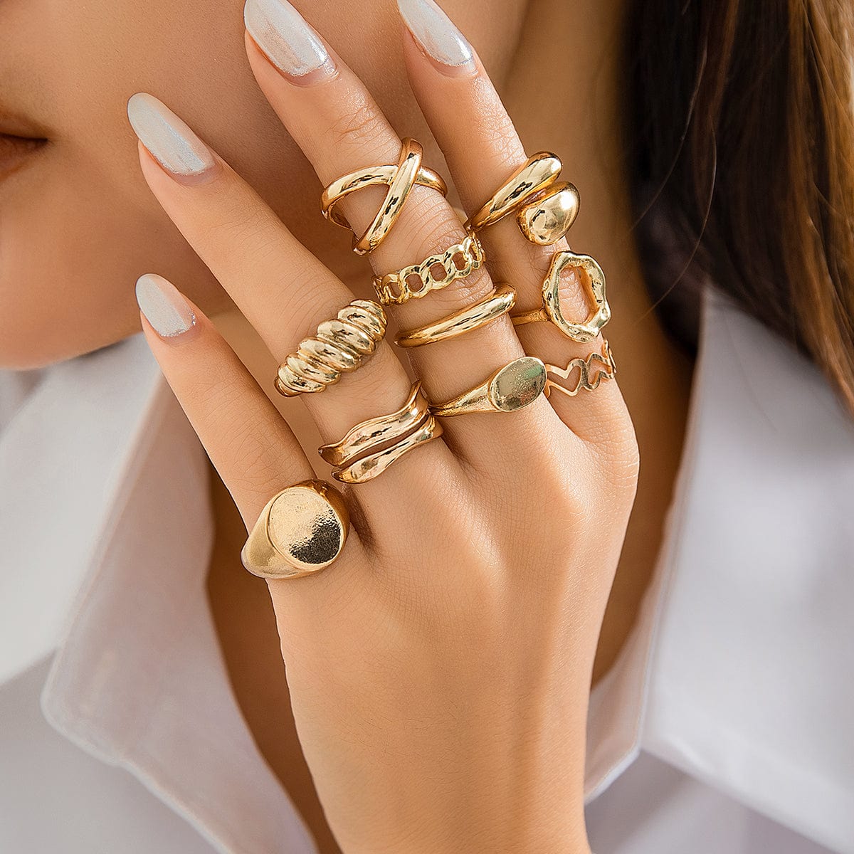 Geometric 10pcs Gold Plated Hollow Heart Waterdrop Round Disk Open Ring Set - ArtGalleryZen