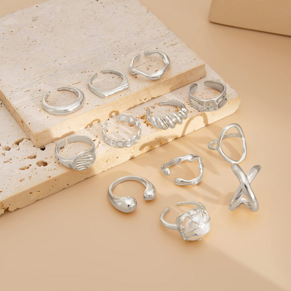 Geometric 12pcs Gold Silver Tone Hollow Twisted Open Ring Set - ArtGalleryZen