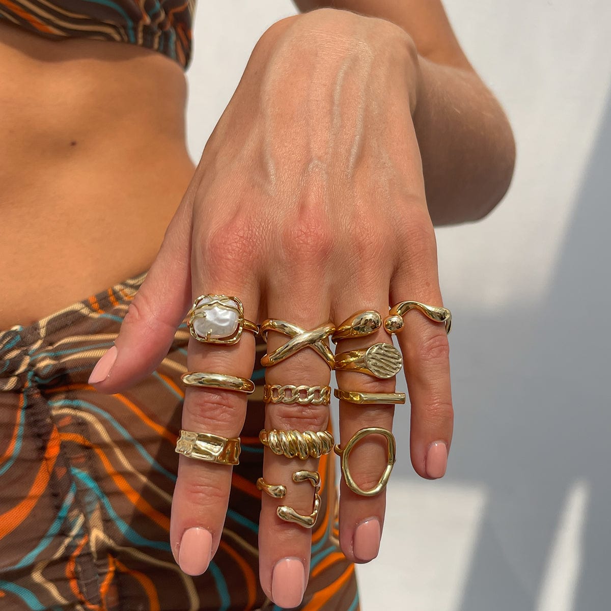 Geometric 12pcs Gold Silver Tone Hollow Twisted Open Ring Set - ArtGalleryZen