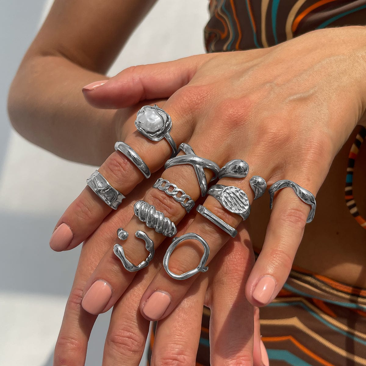Geometric 12pcs Gold Silver Tone Hollow Twisted Open Ring Set - ArtGalleryZen