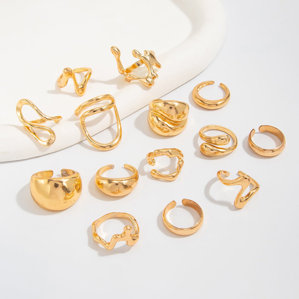 Geometric 14pcs Chunky Irregular Curved Waterdrop Ring Set - ArtGalleryZen