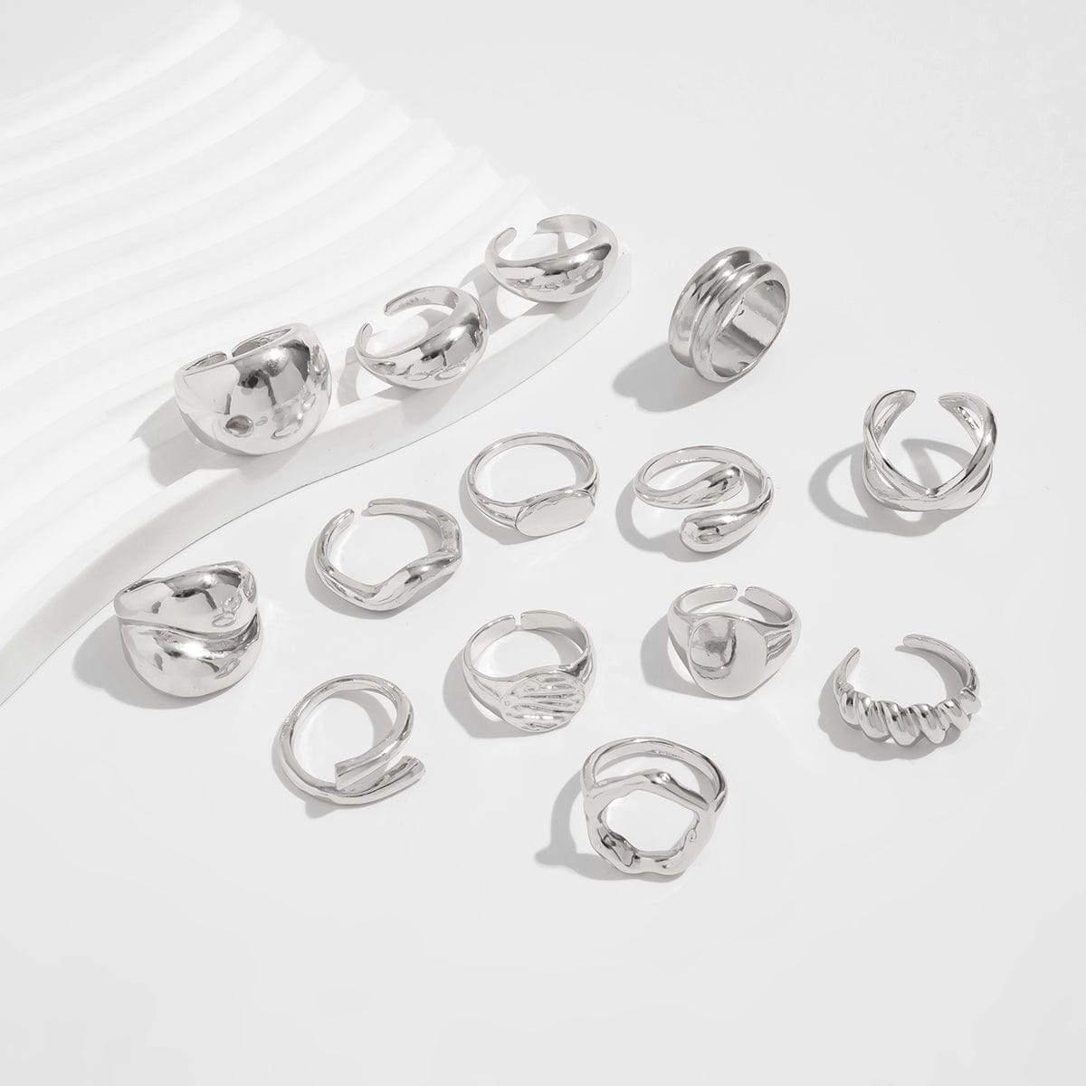 Geometric 14pcs Gold Silver Plated Glossy Hollow Cross Ring Set - ArtGalleryZen