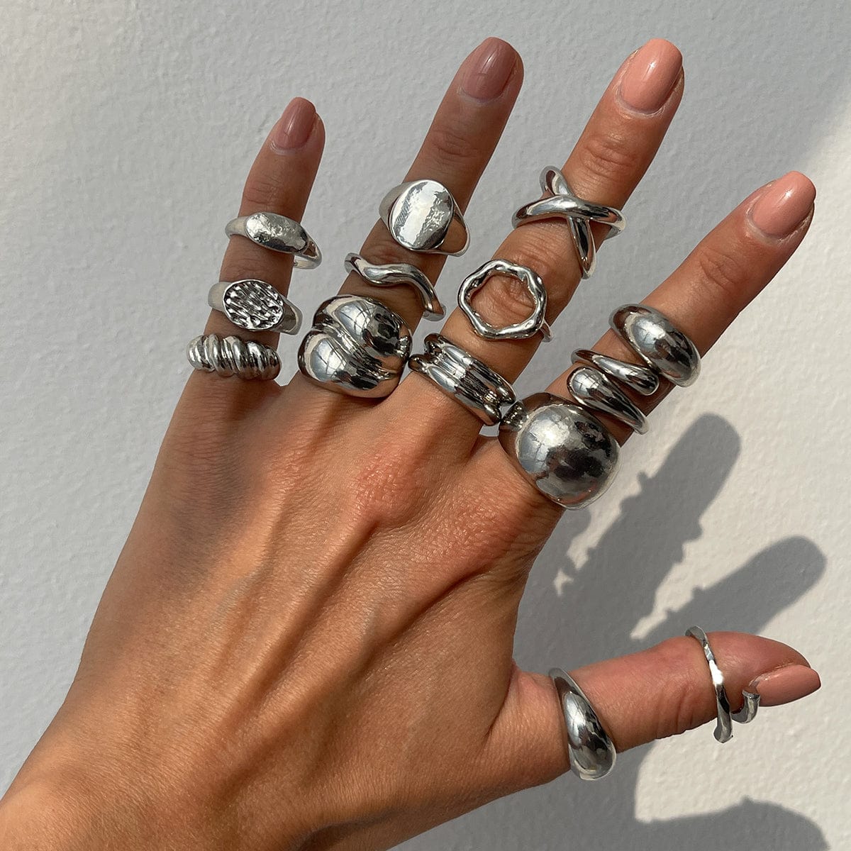 Geometric 14pcs Gold Silver Plated Glossy Hollow Cross Ring Set - ArtGalleryZen