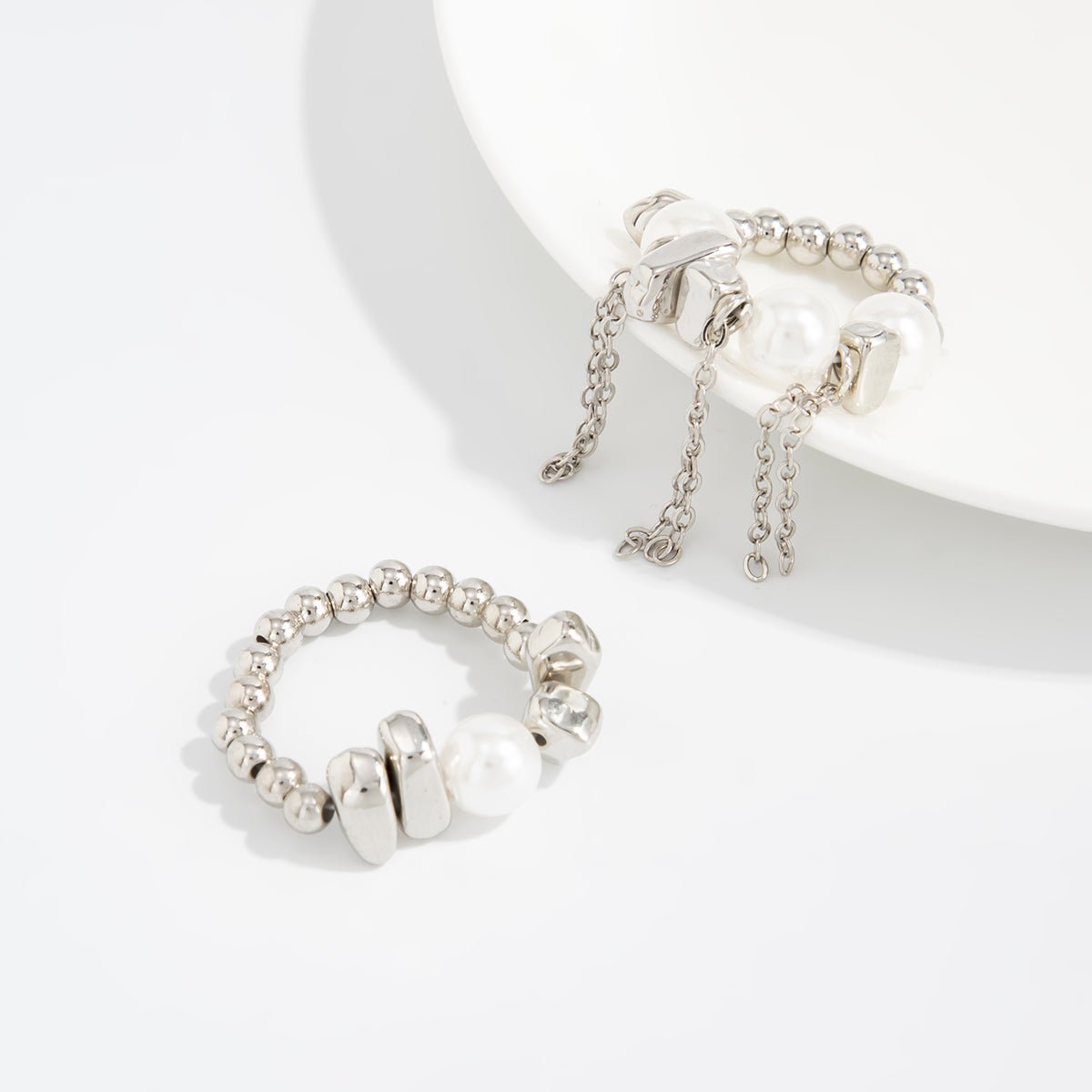 Geometric 2pcs Pearl Irregular Beaded Tassel Ring Set - ArtGalleryZen